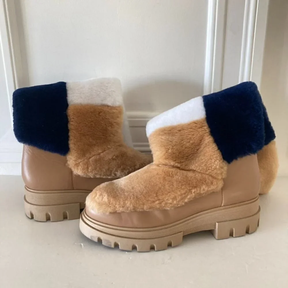 Free People Happy Thoughts Neutral Colorblock Shearling Boots Sz 38.5